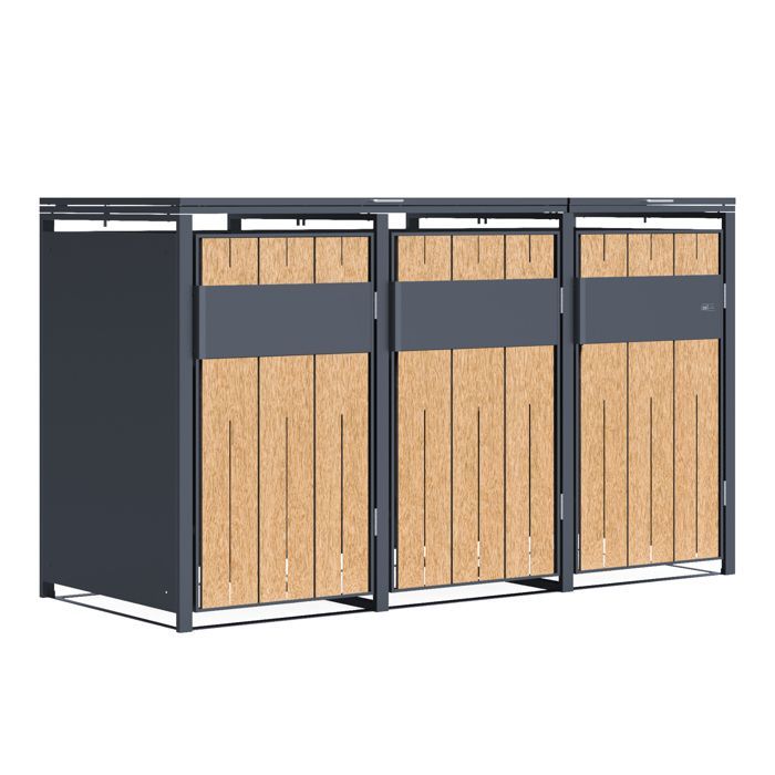 Caseta metálica para contenedores AXI Luke, antracita/efecto madera - Cobertizo para 3 contenedores - Máx. 240 L - Cobertizo para contenedores de exterior