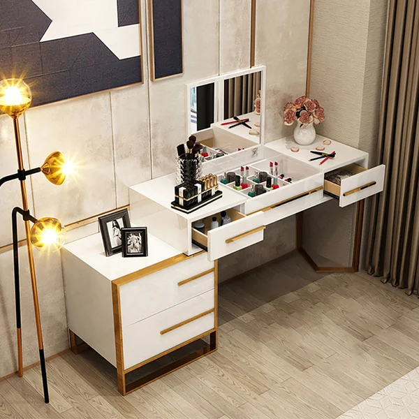 Mobile da trucco bianco con contenitore e specchio ribaltabile, 4 cassetti e base dorata.