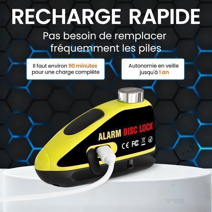 Candado de disco recargable por USB Antivel para motocicleta - Alarma de alta seguridad de 110 dB - con cable recordatorio antirrobo - para motocicleta/scooter