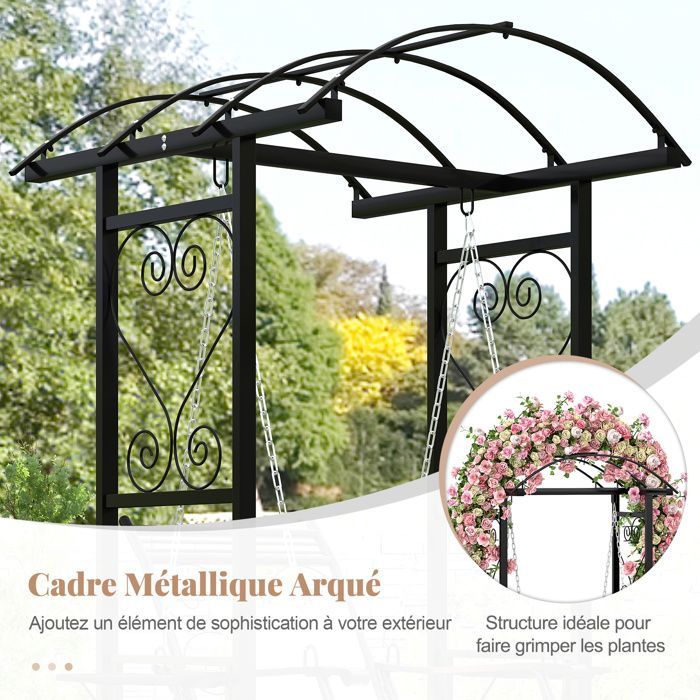 COSTWAY Balancelle de Jardin avec Toit Arqué & 2 Treillis pour Plantes, Tables Latérales, Coussins Amovibles
