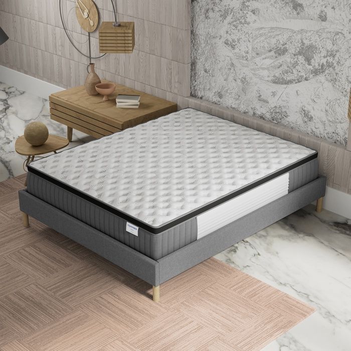 Set composto da materasso e base letto (140x200 cm) - Molle insacchettate Elekctra e memory foam, spessore 30 cm + Base letto in legno stabile, tessuto grigio