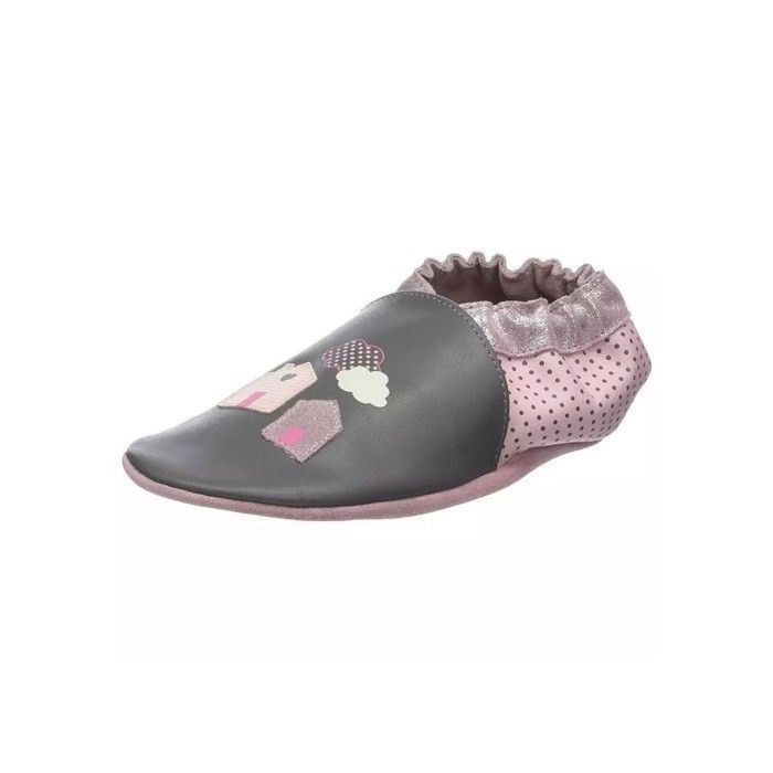 Baby-Lederpantoffeln – ROBEEZ – Home Sweet Home – Grau – Flacher Absatz – Elastische Kordel