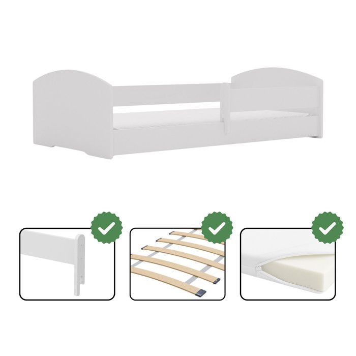 Cama infantil Montessori LEO de 160x80 cm con barandilla y colchón – Cama baja para niños, color blanco.