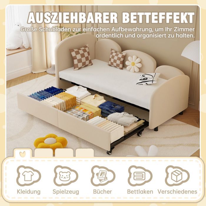 Lit Banquette 90x200 cm avec Lit Tiroir 90x190 cm - Banquette-Lit Convertible Moderne sans Matelas, Bois et Métal, Velours Beige