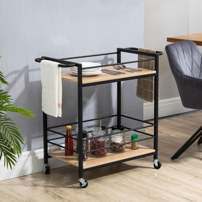 HOMCOM kitchen trolley with wheels, 2 shelves, metal frame and wood-look finish - dimensions 82L x 40W x 75H cm