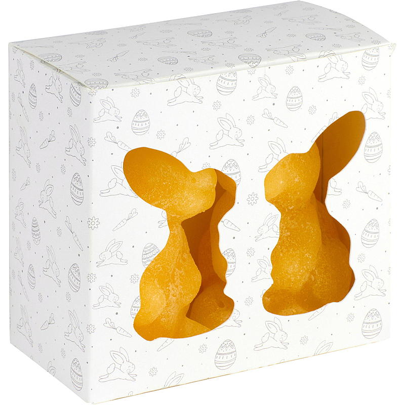 Confezione da 2 candele a forma di coniglietto pasquale, 6x9,3 cm, in paraffina gialla.