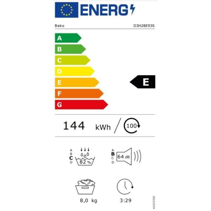 Sèche-linge pompe à chaleur BEKO D3H28E93S Eco Sense - 8 kg - L60cm - Silver