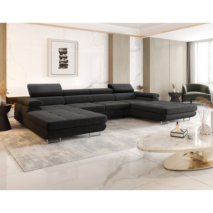 Ayden – 7-Sitzer-Panorama-Schlafsofa in U-Form mit Stauraum und verstellbaren Stoffkopfstützen – Grau