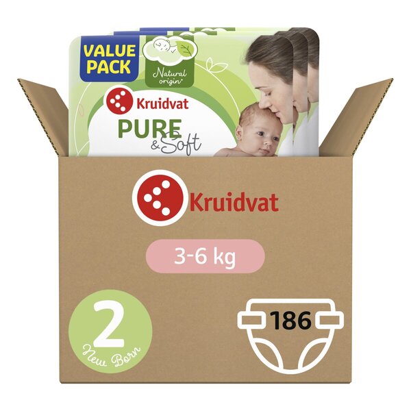 Kruidvat Pure & Soft vastasyntyneen vaipat, koko 2, tilavuuslaatikko, koko 2 (3-6 kg), 186 kpl