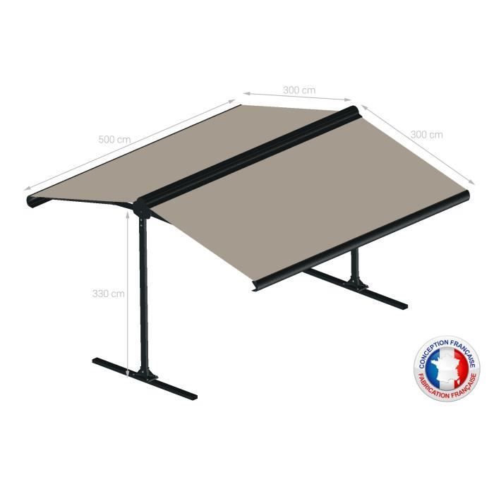 Store double pente motorisé 5x2x3 m - Toile taupe et structure grise anthracite texturée - GARDEN OMBRAZUR