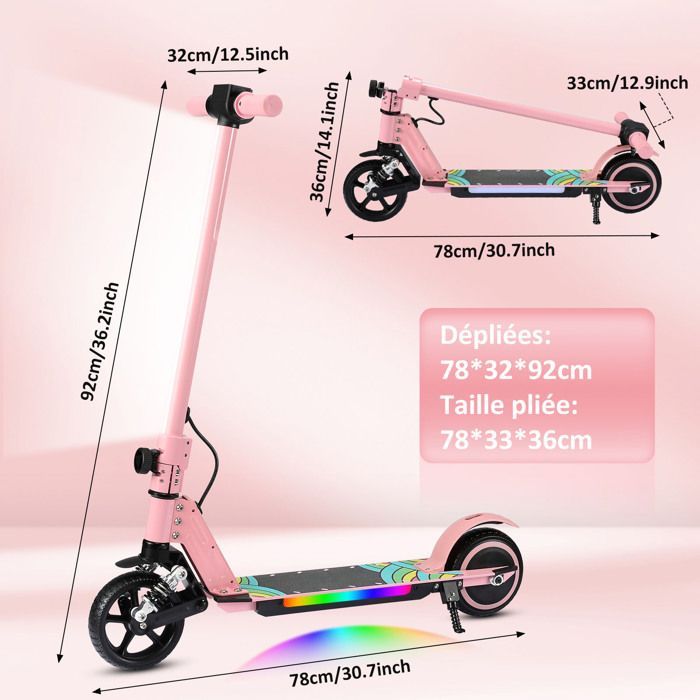 Monopattino elettrico per bambini con ammortizzatori - Luci al neon colorate - 130W - Monopattino pieghevole - Schermo LCD - Età 6-12 anni - Rosa