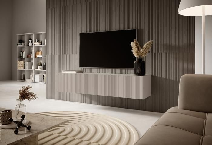 Meuble TV - SELSEY - VELDIO - 140 cm - beige/gris - façade fraisée