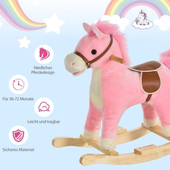 Pink plush rocking horse 65x32.5x61cm with animal sounds, developmental and balance toy for children aged 36 to 72 months, ideal gift