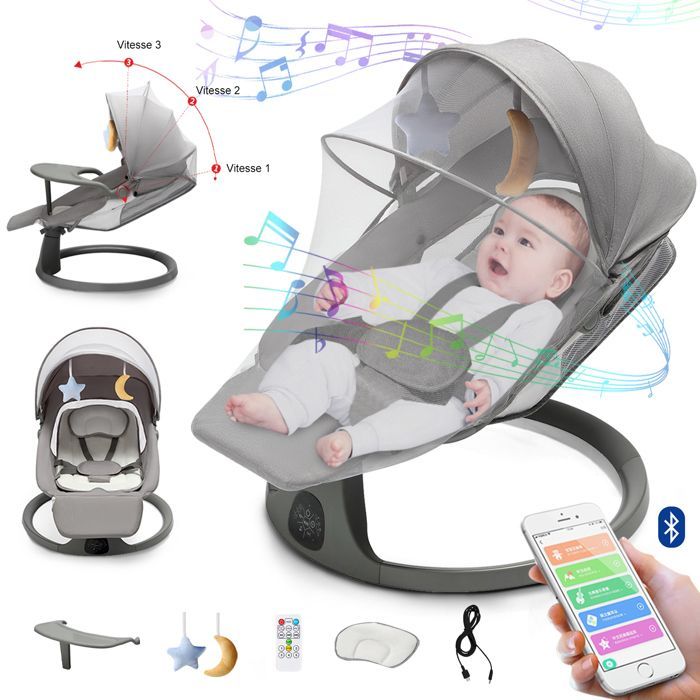 Columpio/hamaca eléctrico 3 en 1 para bebé con control remoto, pedal, mesa de alimentación, 5 modos de balanceo y música Bluetooth - Gris