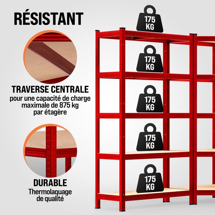 MONZANA® Juego de 3 estanterías de alta resistencia, 5 niveles, color rojo, estantería metálica modular, capacidad de 2625 kg, estantería de esquina para garaje o taller.