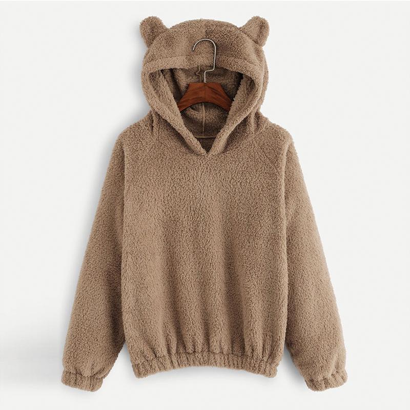 Sudadera de mujer de otoño/invierno con adorables orejas de oso, sudadera con capucha de forro polar de color liso, estilo casual Kawaii, abrigada y cálida.