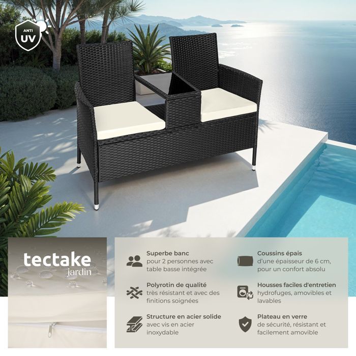 Sedie da giardino - TECTAKE - TOULOUSE Divano da giardino a 2 posti, resistente ai raggi UV, 131 x 59 x 82 cm - Nero/Beige