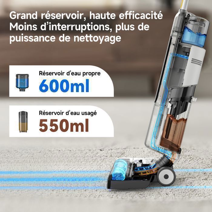 Aspirateur Balai Laveur Sans Fil-2026 Redkey W12 SE-Autonomie 45 Min,Désinfection électrolytique,Anti-enchevêtrement des Cheveux