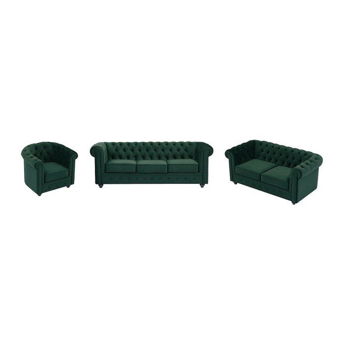 Divano a 3 posti, divano a 2 posti e poltrona in velluto verde CHESTERFIELD