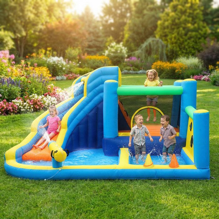 Château gonflable - AIYAPLAY - 8 en 1 - souffleur, toboggan, trampoline, piscine à balles - oxford - 350x320x190cm - multicolore
