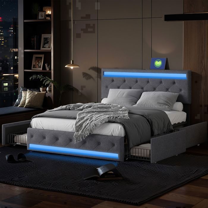 Structure de lit - RWUDV - 180x200 cm - 4 tiroirs - USB - LED - Tissu en lin - Gris