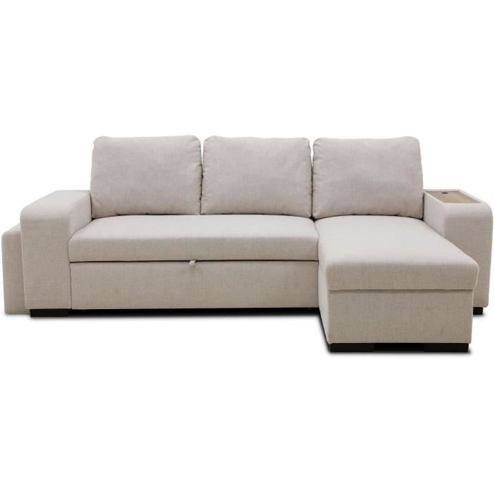 VALDO 3-4-zits omkeerbare hoekbank met slaapfunctie - Beige stof - Tablet met USB-poort - Opbergruimte + poef - B247xD143xH86 cm
