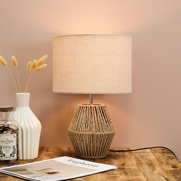 Lampe à poser en corde tressée naturel et abat-jour lin (H40cm)