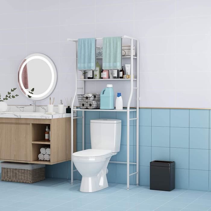 Mueble de baño o para lavadora con 3 estantes y toallero, 68x163x25cm (Ancho x Alto x Profundidad), blanco