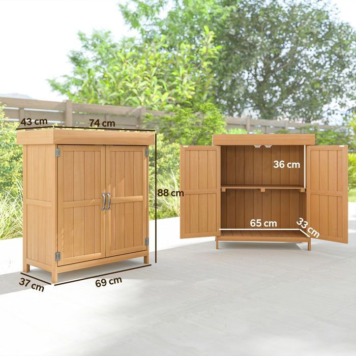 Armario de jardín Outsunny - mueble independiente con doble puerta, estante y techo elevable de betún - madera - 74x43x88cm