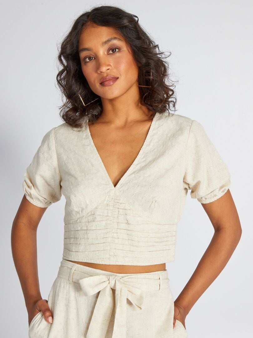 Top cropped de linho com decote profundo - BEGE