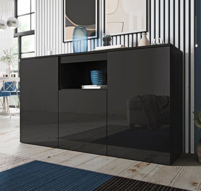 Dressoir met 3 deuren voor de woon- of eetkamer | Opbergruimte | 140 x 82 x 40 cm | Zwart met hoogglans afwerking | Nevada
