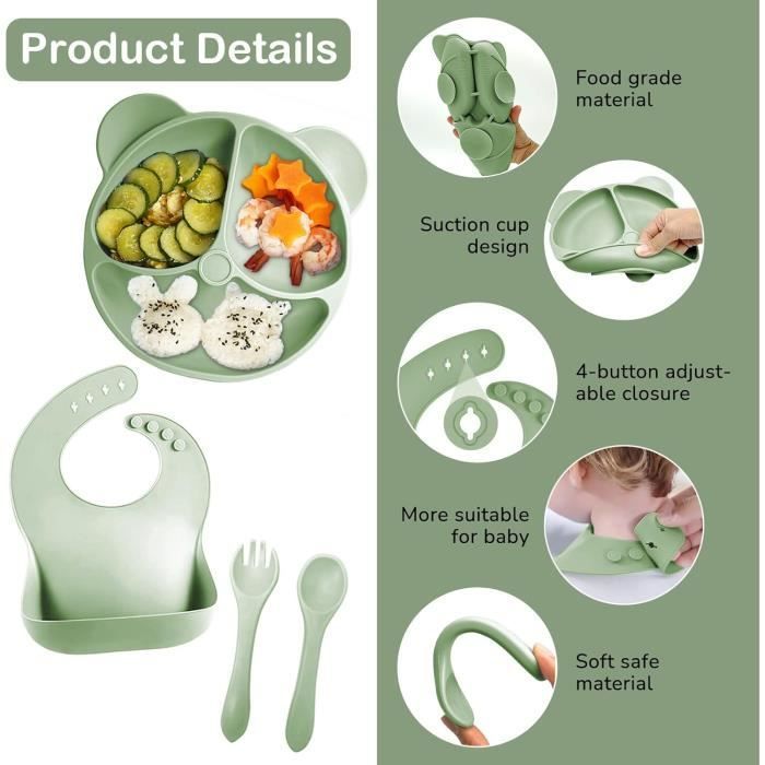 Coffret Repas Bebe 8 pcs,Vaisselle Antidérapante Bébé Set Silicone avec Ventouse Assiette Bol Fourche Cuillère Bavoir et Tasse,Beige