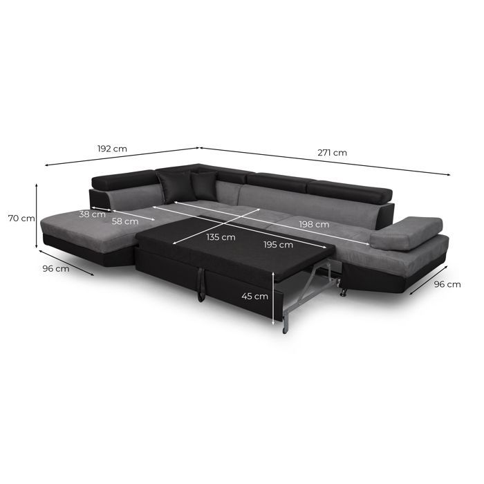 Sofá cama esquinero derecho RIO de 5 plazas con almacenamiento, en microfibra y piel sintética - Gris/Negro - 271 x 192 x 70 cm - LOUNGITUDE