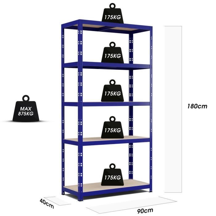 Modulares und vielseitiges Aufbewahrungsregal für Werkstatt, Garage usw. Maximale Belastung: 875 kg – 180 x 90 x 40 cm – Blau