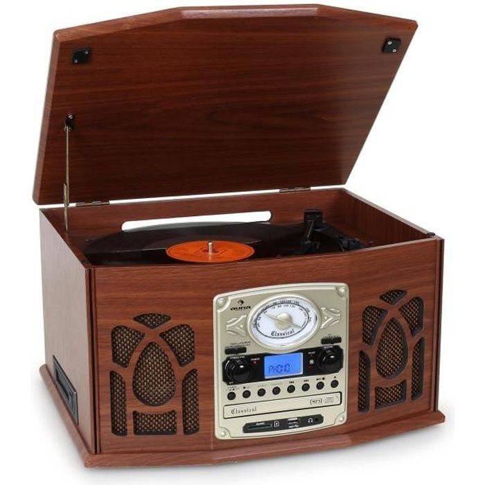 Levysoitin - Auna NR-620 - Vinyylisoitin - Kasetti-/CD- ja USB-MP3-soitin - Stereo Hi-Fi -järjestelmä - Vintage-puu