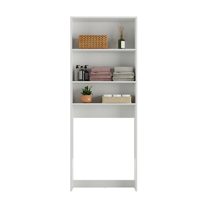 Bathroom/laundry room cabinet with 2 central doors and open shelves, white color