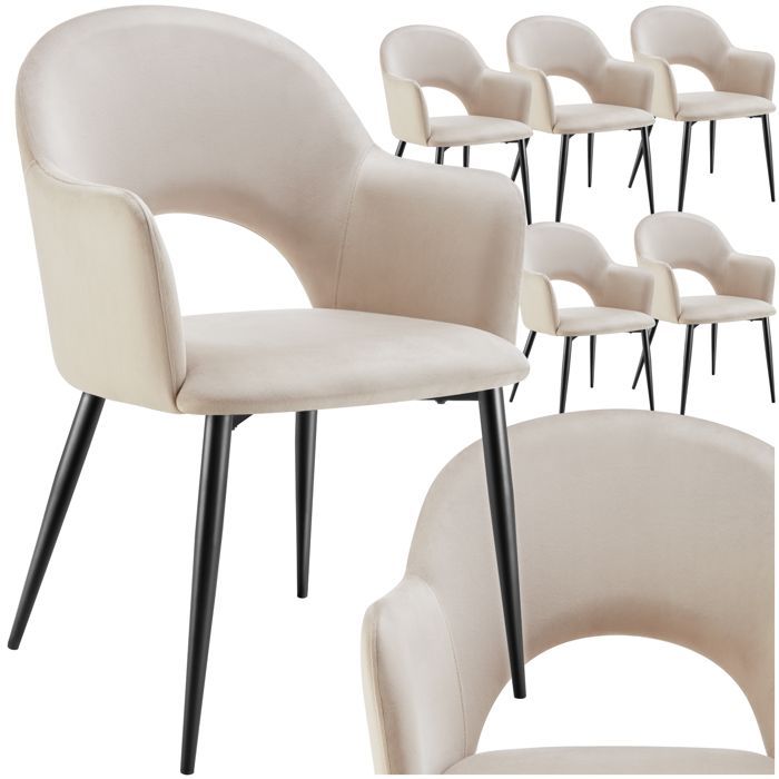 Cadeiras - TECTAKE - Conjunto de 6 poltronas SACHEL com estofamento em veludo, capacidade máxima de carga 120 kg, com pés de aço - Creme