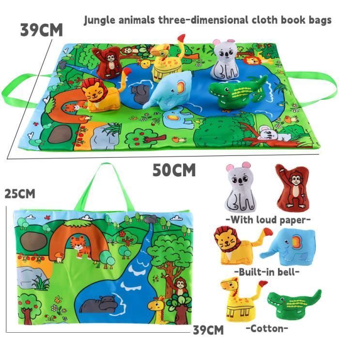 Jouet Montessori - AQSACOKIYA - Livre d'animaux de jungle - 6 animaux - Tapis de jeu - Sac de rangement