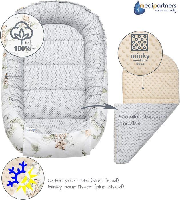 Réducteur de Lit Bébé Medi Partners 100% Coton Nouveau-né Nid de Bébés Insert Amovible 100x60x15 cm Safari avec Minky Beige