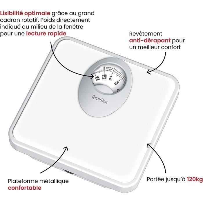 TERRAILLON - Balance Pèse Personne Mécanique - Grand Cadran Rotatif, Plateforme Métallique, 120kg max - Modèle 'T61' Blanc