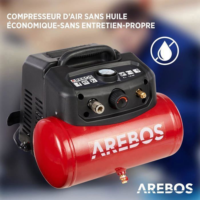 Compressore d'aria AREBOS - Modello con kit da 13 pezzi - Senza olio - Spegnimento automatico - 6 L