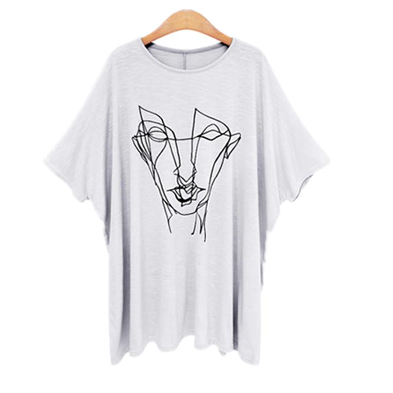 T-shirt femme grandes tailles 5XL et 6XL, manches chauve-souris, imprimé, blanc, ample, en coton, idéal pour l'été.