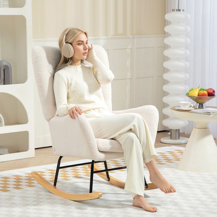Rocking chair, rocking chair with armrests, Teddy fabric look, nursing chair with wooden glides, cushion