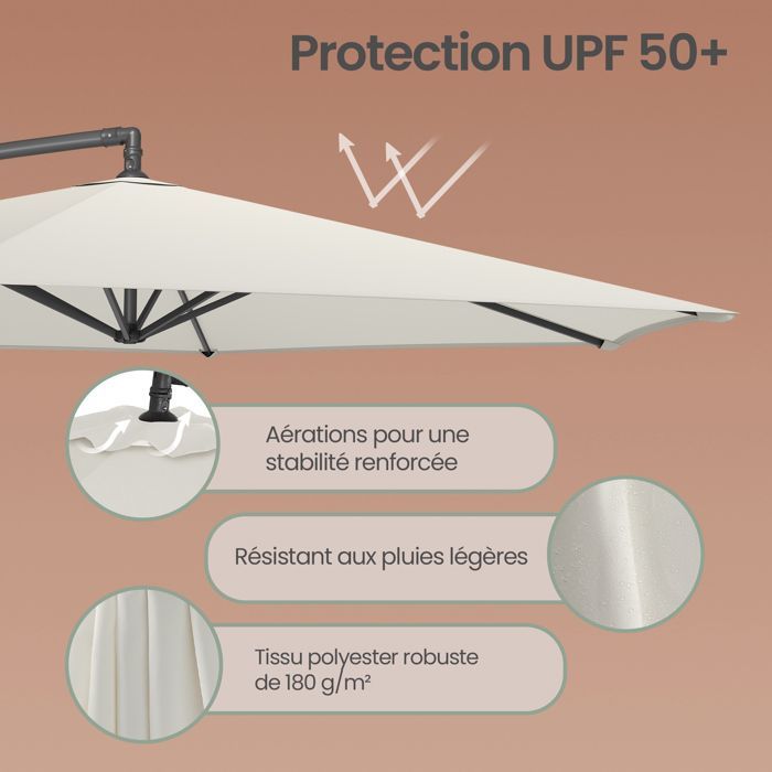 Parasol de 350 cm de Diamètre, avec Socle, Manivelle d’Ouverture et de Fermeture, Beige