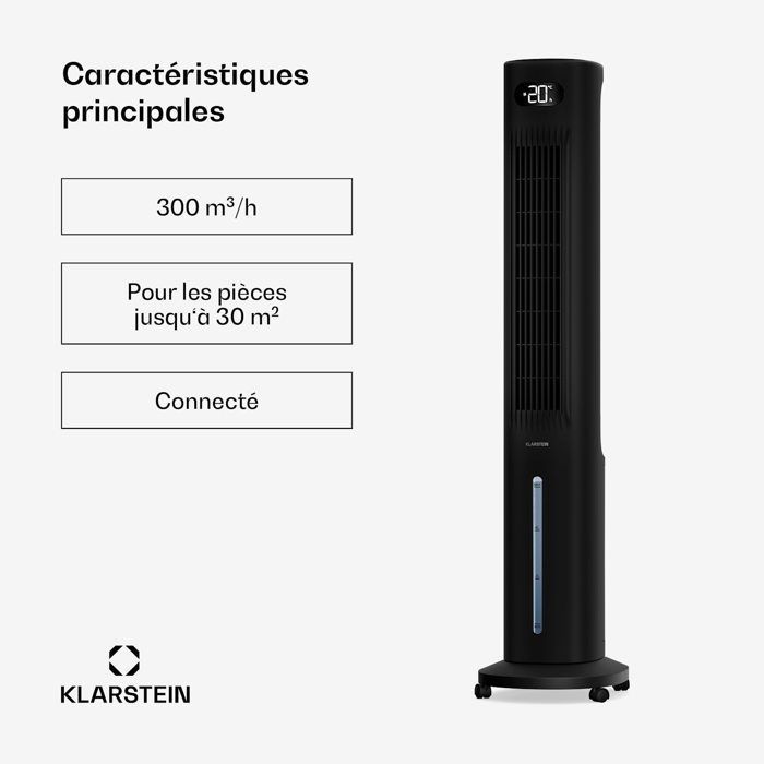 Ventilador enfriador de aire - Klarstein Polar - 300 m³/h - 5 L - 30 m² - 3 modos - 75 W - Control remoto - Aplicación