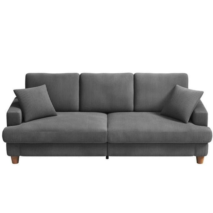Large 3-Seater Sofa in Grey Corduroy, Scandinavian Style Sofa with 3 Cushions and 2 Pillows for the Living Room, 220×76×84cm
