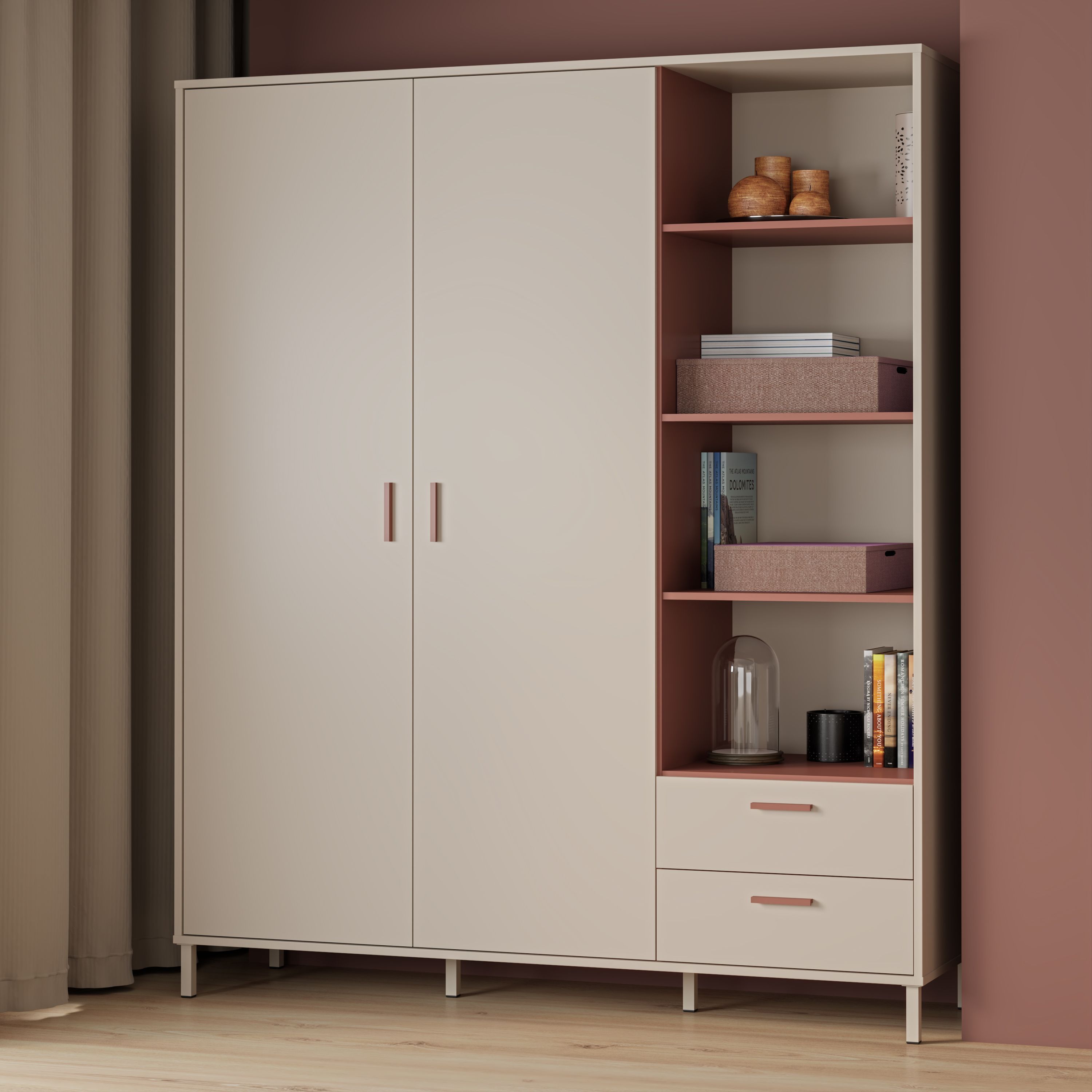 Armoire - 2 portes - étagères + tiroirs  - L168,4 x P52,9 x H201,6 cm - Cachemire et terracotta - MILLES