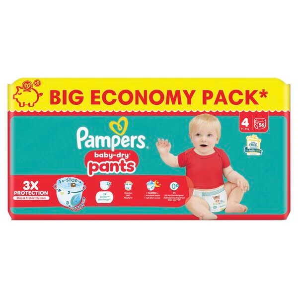 Pampers Baby-Dry Pants velikost 4 plenice za dojenčke, velikost 4 (9–15 kg), 56 kosov