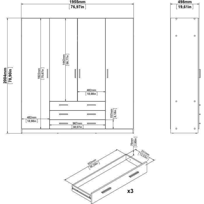 Armoire VEGA - Décor Blanc mat - 4 portes + 3 tiroirs - L 195,5 x P 49,6 x H 200,4 cm