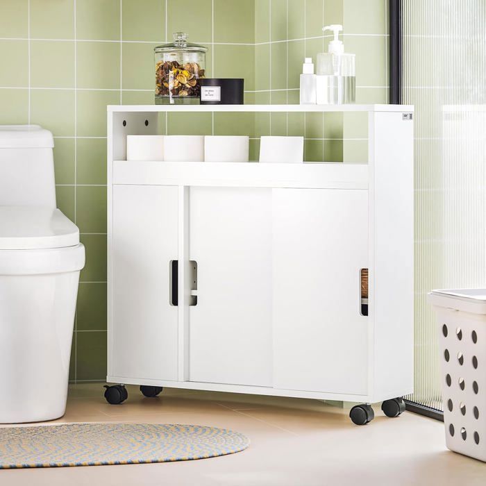 SoBuy Bathroom Toilet Cabinet on Wheels with 2 Sliding Doors and Open Shelf, Compact White Toilet Unit 70x71x20 cm